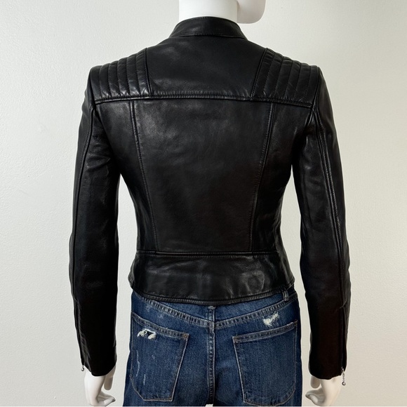 AllSaints Bircham Biker Leather Jacket Size 2 Black with Silver Hardware - Picture 4 of 15